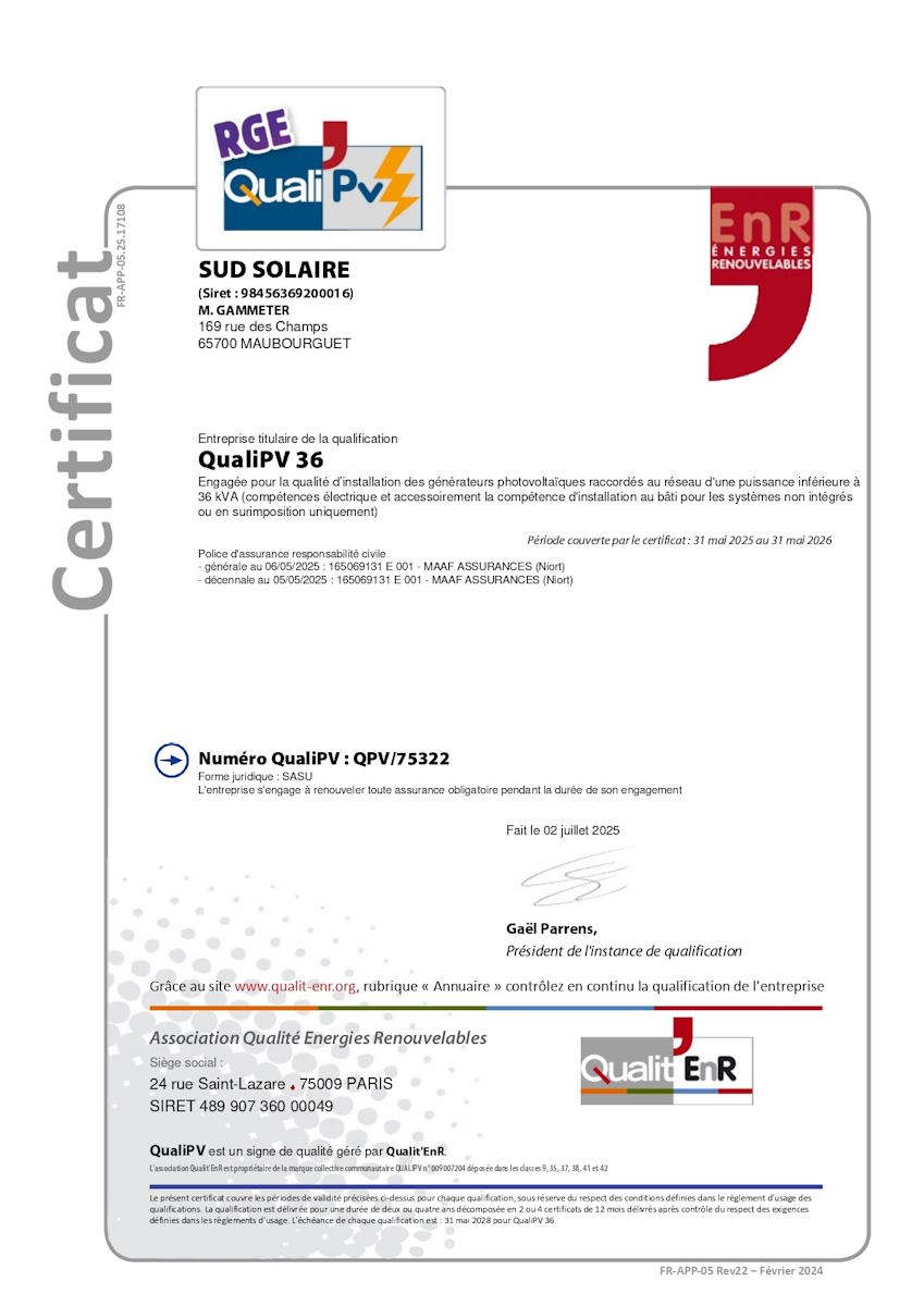 Qualification Sud Solaire QualiPV 36